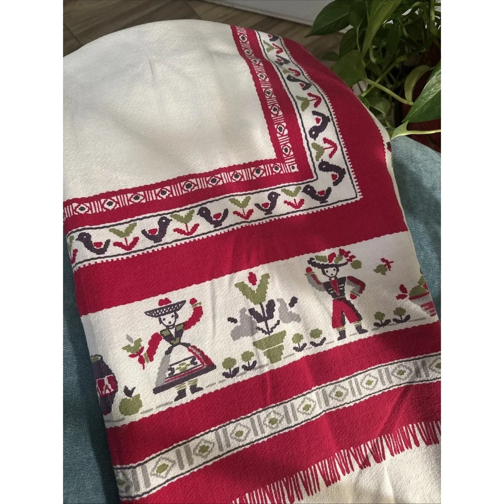 Beautiful  1960's Style Folk Art Red-green Cotton Tablecloth 52x46